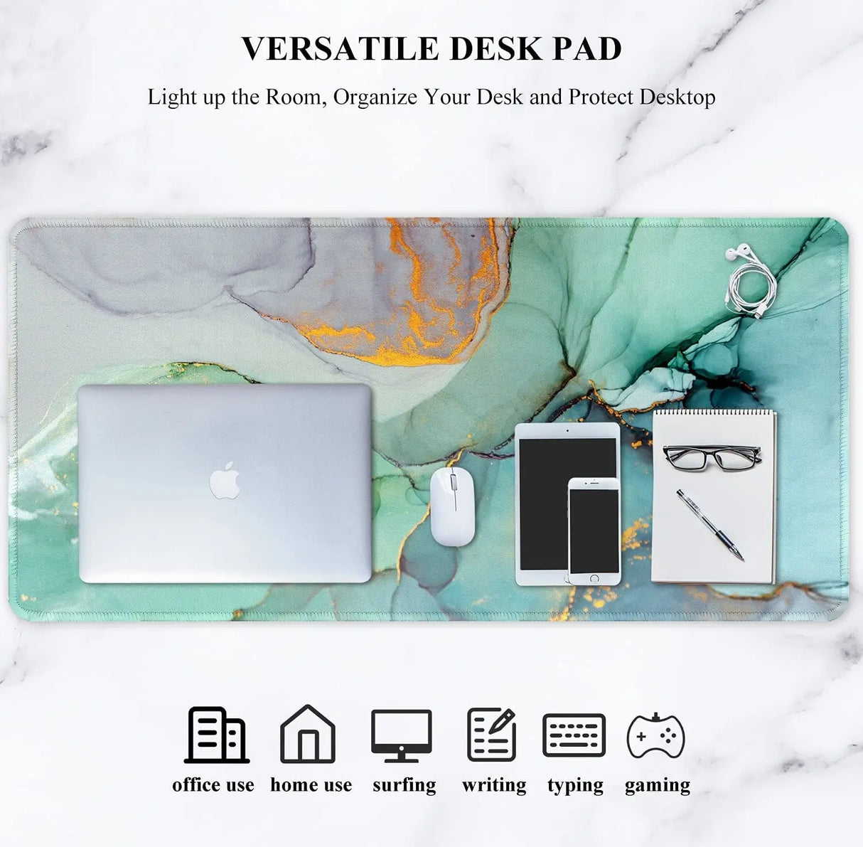 Extended Mouse Pad, XXL Gaming Mouse Pads, Large Big Mousepad Laptop Computer Keyboard Mat Desk Pad with Non-Slip Base Stitched Edge for Gaming Office, 35.5 X 15.7 Inch, Green Marble