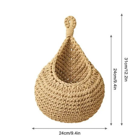 Wall Hanging Fruit Vegetable Basket Natural Jute Woven Teardrop Plant Basket Kitchen Table Wall-Mounted Storage Basket Container