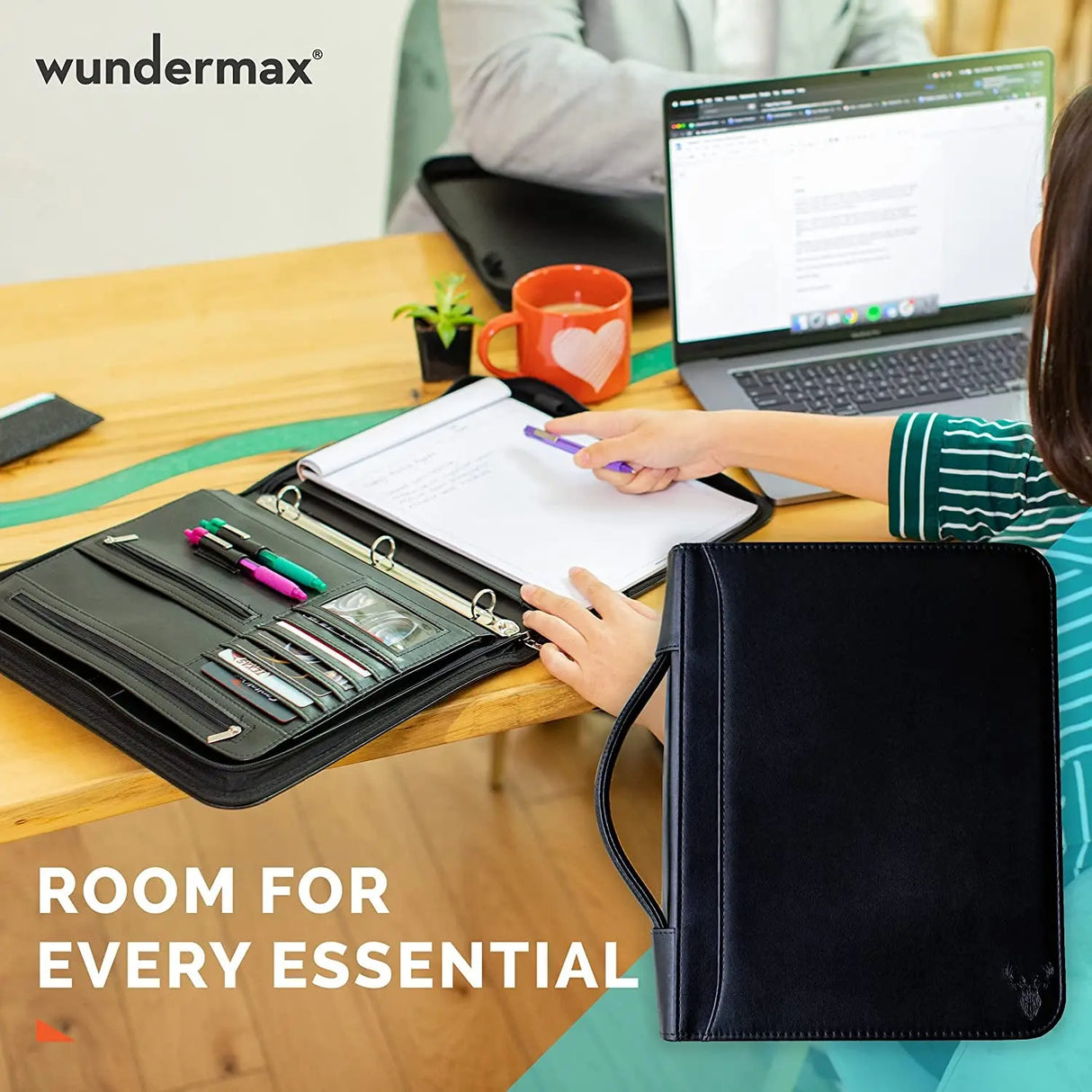 Portfolio Binder - 13 X 10.7 X 1.9 Inch, Vegan Leather, 3-Ring Padfolio for Women and Men W/Handle, Zipper, Notepad, Detachable Binder and Pockets for Tablet, Resume and Documents - Black