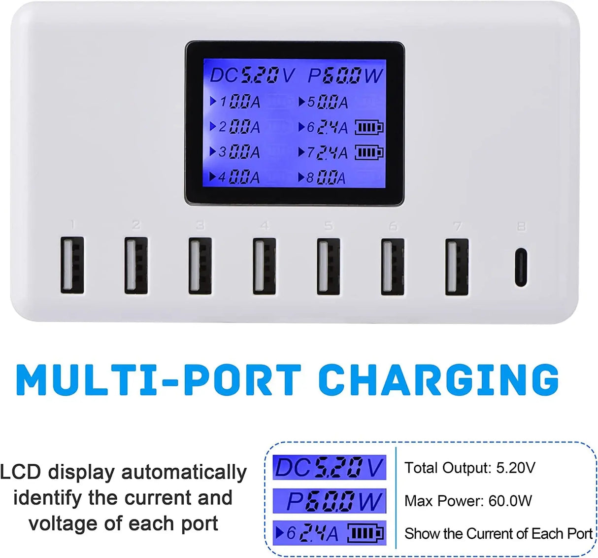 USB Charger,  60W 12A 8-Port USB Charging Station Multi Port USB Hub Charger Compact Size LCD Display Compatible with Iphone Ipad Samsung Kindle Tablet Bluetooth Earbuds and More