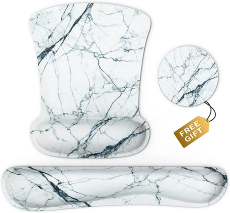 Wrist Rest Support Ergonomic Mouse Pad & Keyboard Set Memory Foam Non-Slip Rubber Base Cute Mouse Mat Coaster for Home,Computer,Office Easy Typing and Relieve Wrist Pain - White Marble