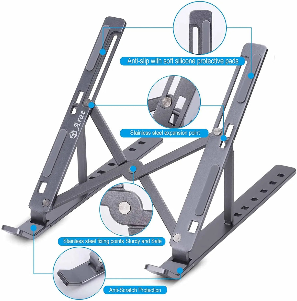 Laptop Stand for Desk, Adjustable Ergonomic Portable Aluminum Holder, Foldable for Computer, 7 Angles Anti-Slip Riser Compatible with 9-15.6 Inch Laptops, Gray