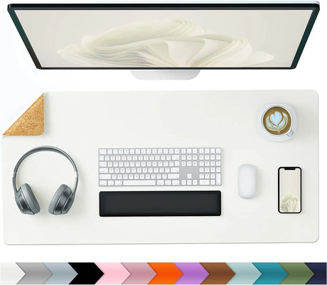 Office Desk Pad, Natural Cork & PU Leather Dual Side Large Mouse Pad, Laptop Desk Table Protector Writing Mat Easy Clean Waterproof for Office Work/Home/Decor (Off-White,31.5" X 15.7")