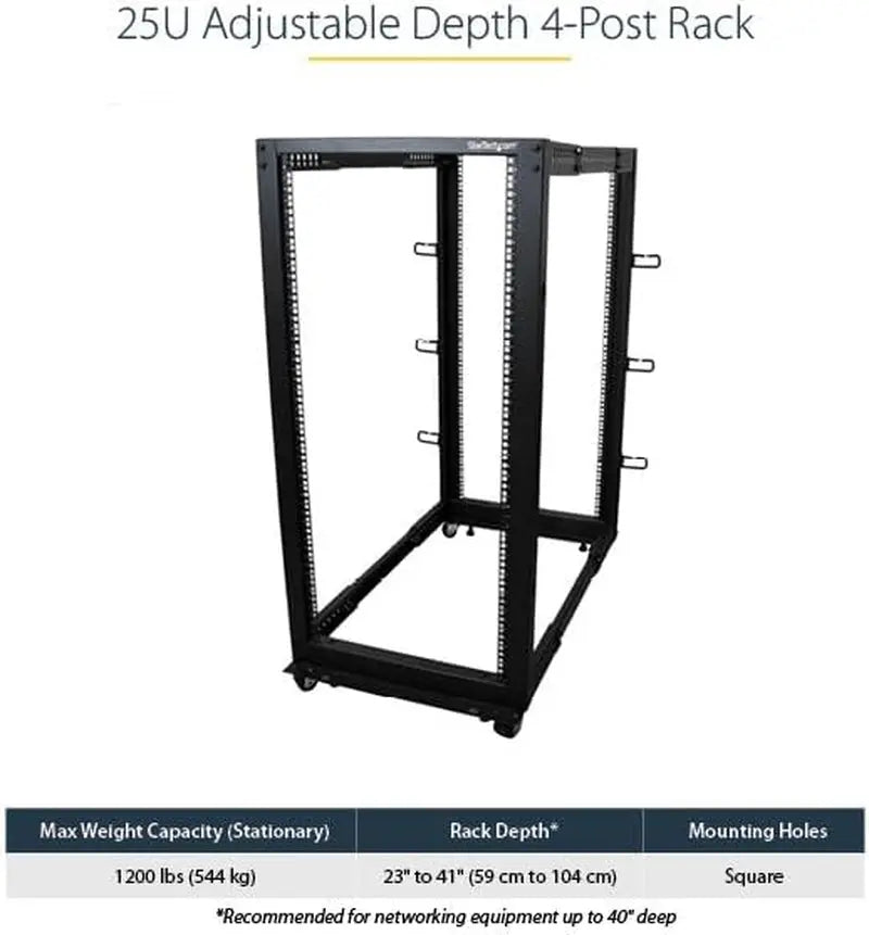 4-Post 25U Mobile Open Frame Server Rack, 19In Network Rack with Wheels, Rolling Rack for Computer/Av/Data/It Equipment - Casters, Leveling Feet or Floor Mounting (4POSTRACK25U)