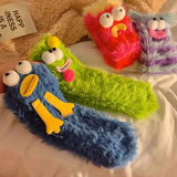 1Pair Ugly and Cute Funny Mink Fleece Floor Socks Thickened and Warm Autumn and Winter Cartoon Medium Sleeve Home Socks Big Eye