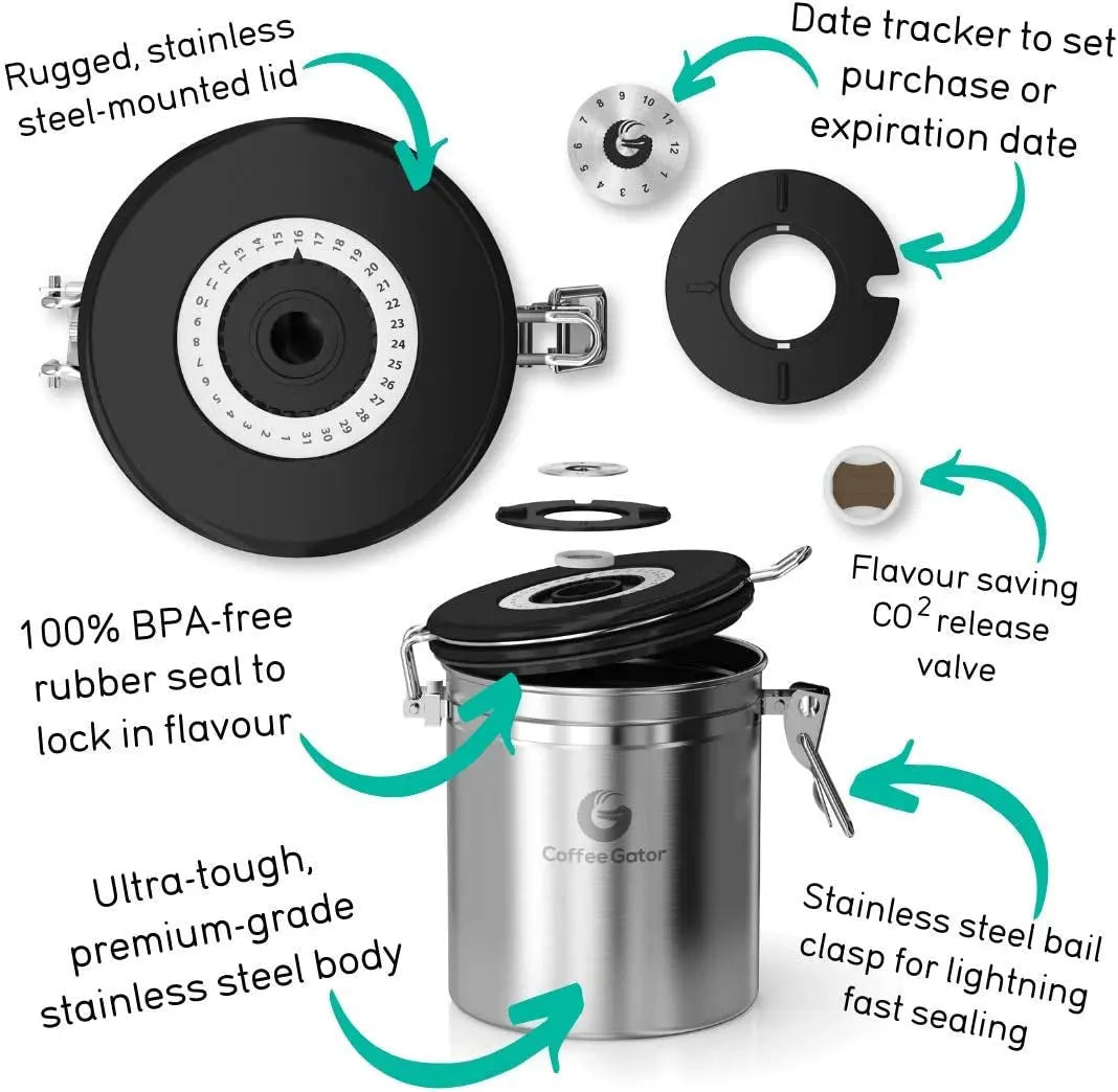 Stainless Steel Canister - Medium 16Oz, Gray Coffee Grounds and Beans Container with Date-Tracker, Co2-Release Valve, and Measuring Scoop - Ideal Coffee Lovers Gifts for Her