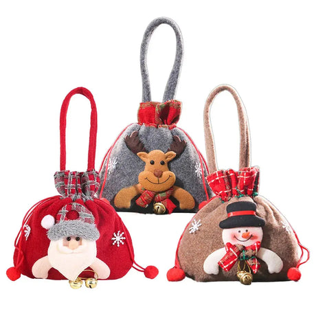 Christmas Linen Gift Packaging Bag Santa Claus Elk Print Drawstring Cookie Candy Pouch for Xmas New Year Party Gifts Storage Bag