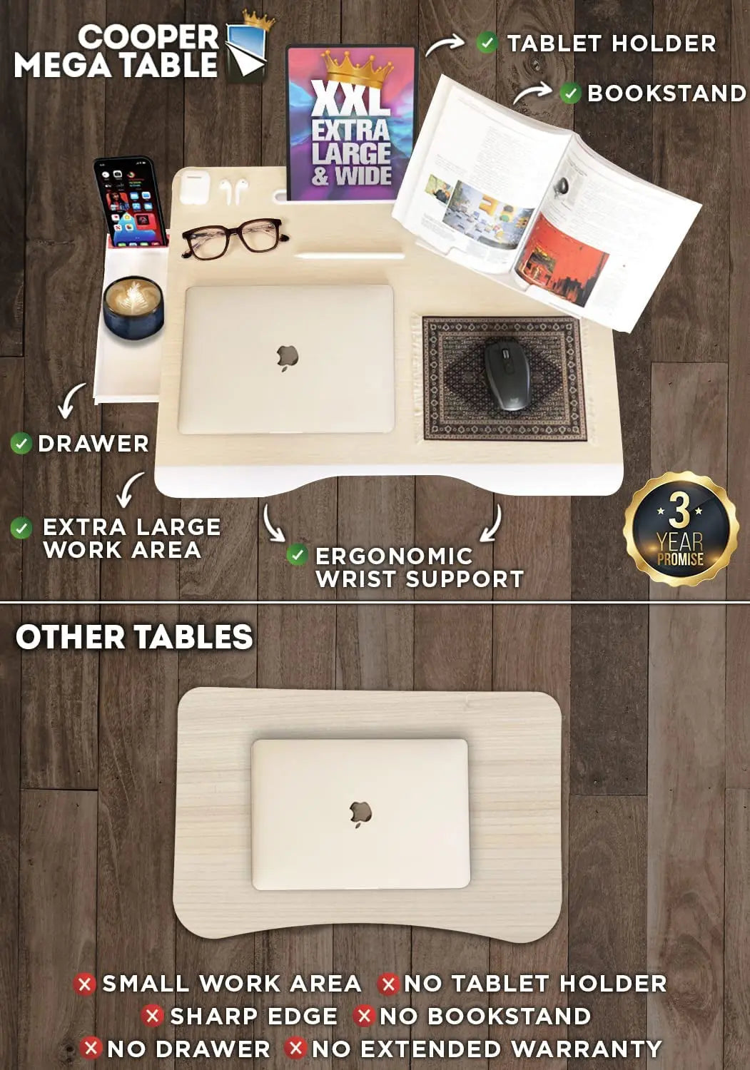 Cooper Mega Table [XXL Extra Large] Folding Laptop Desk for Bed, Laptop Stand for Bed and Sofa, Bed Table | Laptop Bed Desk with Drawer, Book Stand, Phone Stand, Leg Space