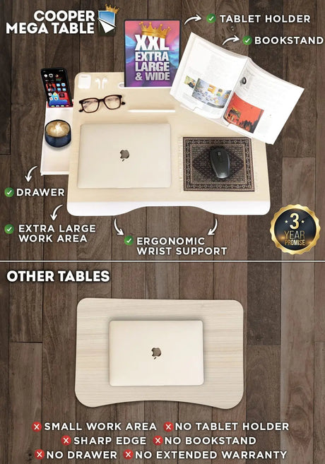 Cooper Mega Table [XXL Extra Large] Folding Laptop Desk for Bed, Laptop Stand for Bed and Sofa, Bed Table | Laptop Bed Desk with Drawer, Book Stand, Phone Stand, Leg Space