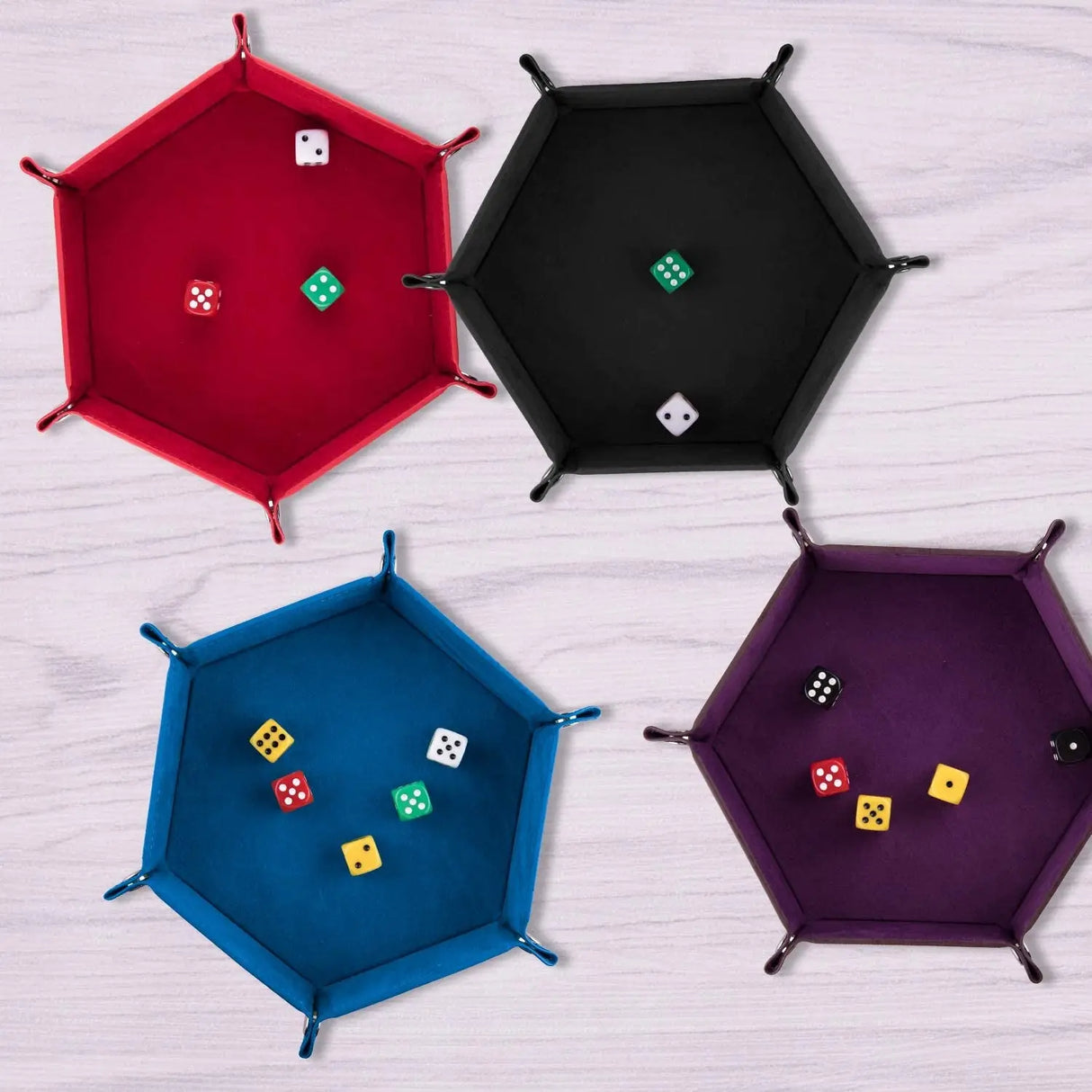 4 Pieces Dice Tray Set Foldable Dice Trays Hexagon Dice Rolling Tray PU Leather Dice Holder for Dice Games like RPG, DND and Other Table Games (Red, Black, Blue and Violet)