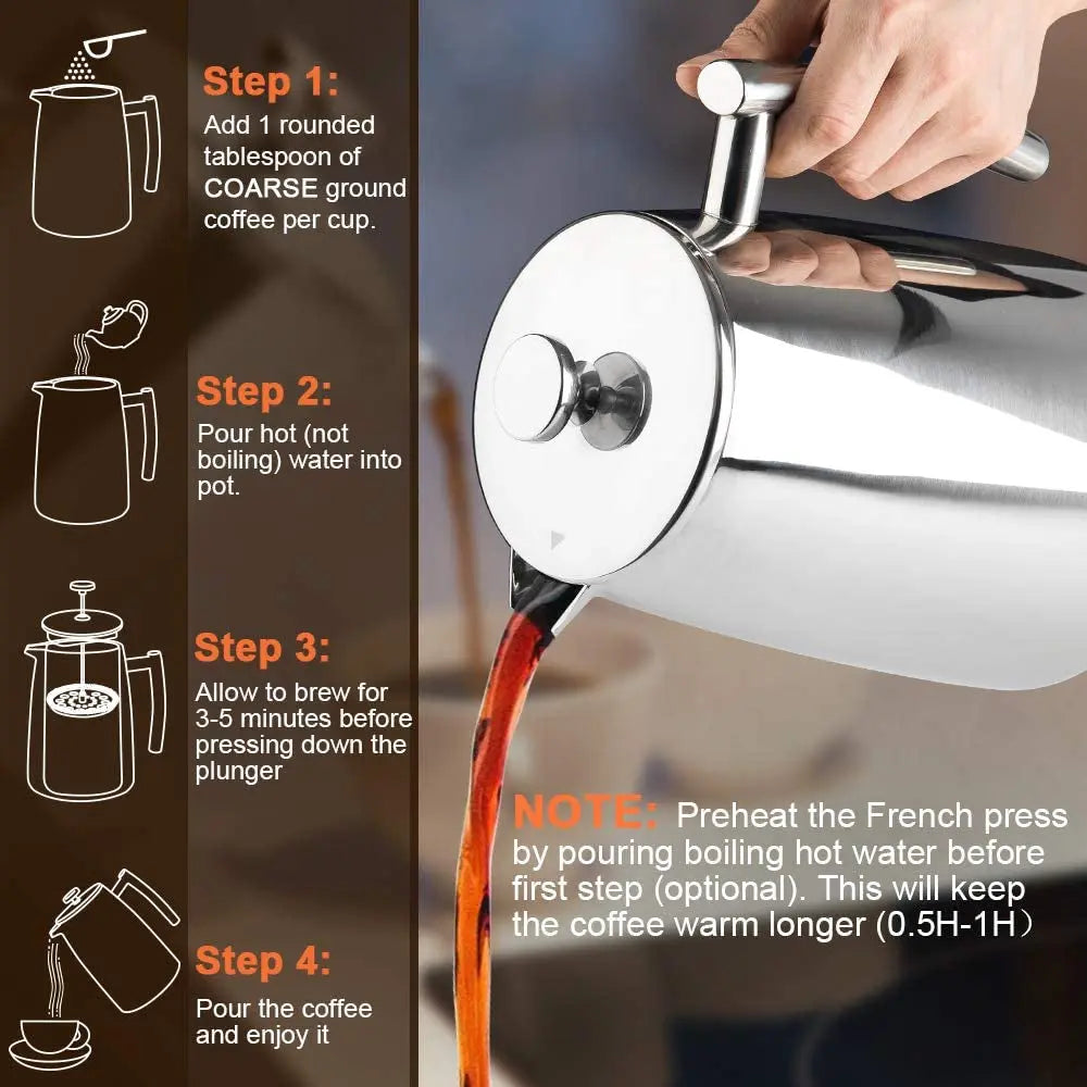 French Press Coffee Maker, 50-Ounce, 18/10 Stainless Steel Insulated Coffee Press with Extra Screen