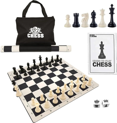 Best Value Tournament Chess Set - Filled Chess Pieces and Black Roll-Up Vinyl Chess Board