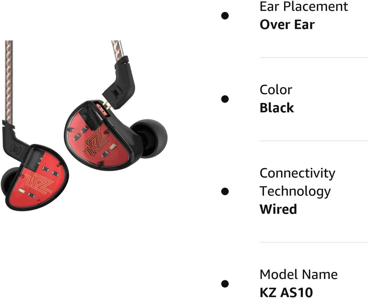 KZ AS10 IEM Headphone, 5 Balanced Armature Driver KZ Earbuds Wired Earphone, Stereo Hifi KZ in Ear Monitor Headphone Musician Headset Headphone with Detachable 2 Pin Cable(No Microphone, Black)
