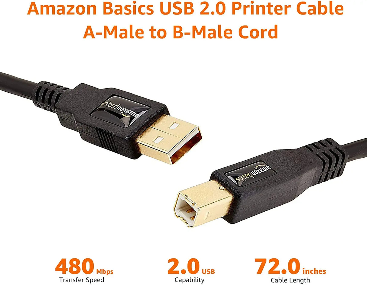 USB-A to USB-B 2.0 Cable for Printer or External Hard Drive, Gold-Plated Connectors, 6 Foot, Black