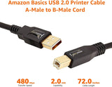 USB-A to USB-B 2.0 Cable for Printer or External Hard Drive, Gold-Plated Connectors, 6 Foot, Black