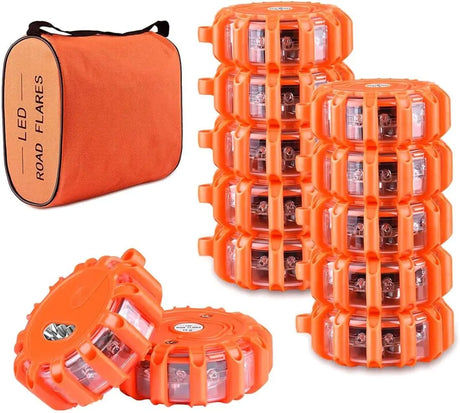 [8 Pack] LED Road Flares Safety Flashing Warning Light Roadside Emergency Disc Beacon Kit for Vehicles Boats with Magnetic Base & Hook, Premium Storage Bag (Batteries Not Included) (8)