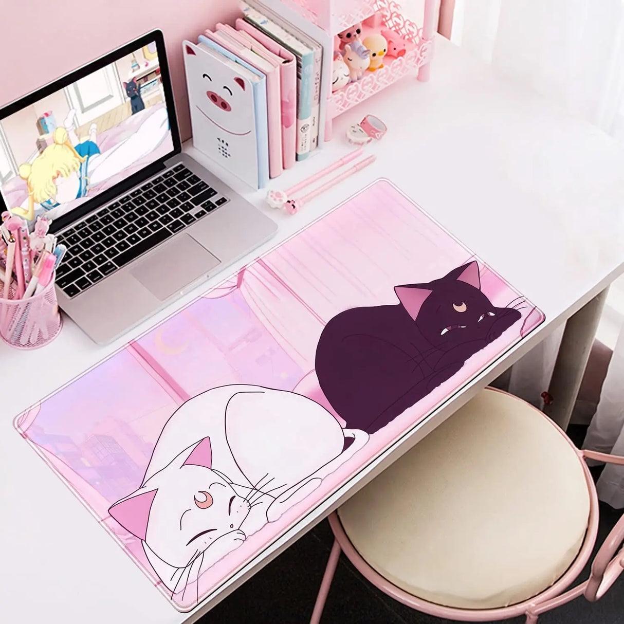 Desk Pad Pink Anime White Cat Black Cat Gaming Mouse Pad Large, Office Decor Exclusive Beautiful Girls Non-Slip Rubber Computer Mat for Women Desktop with Stitched Edges 31.5X15.7 In