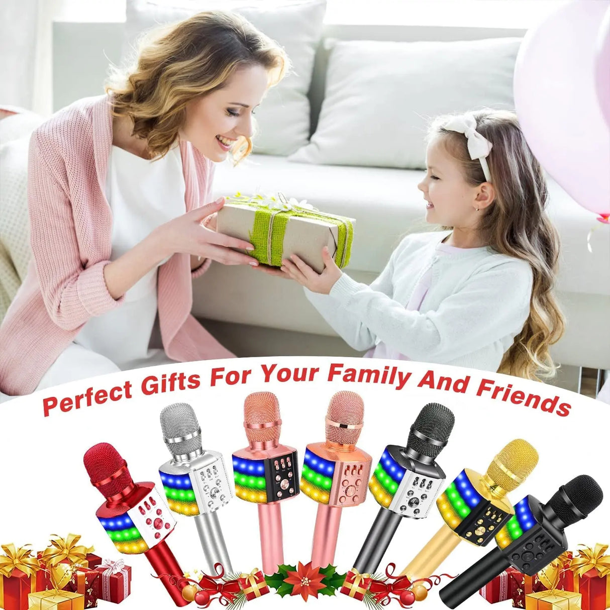 Wireless Bluetooth Karaoke Microphone with Controllable LED Lights, 4 in 1 Portable Karaoke Machine Mic Speaker for All Smartphones, Birthday Holiday Party Gifts for Kids & Adults(Q36 Silver)