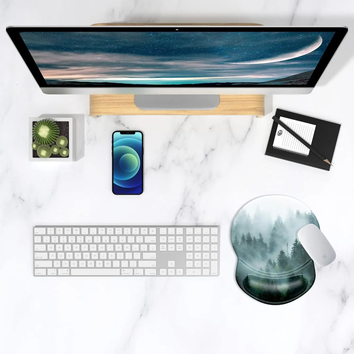Mouse Pad, Ergonomic Mouse Pad with Gel Wrist Rest Support, Gaming Mouse Pad with Lycra Cloth, Non-Slip PU Base for Computer, Laptop, Home, Office & Travel,Fog Forest